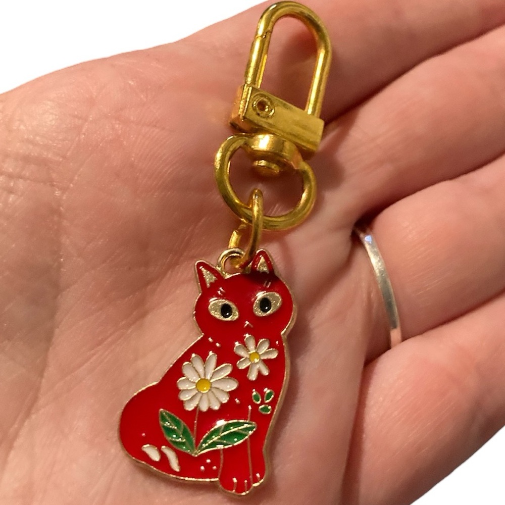 Red Cat Keychain with Floral Design